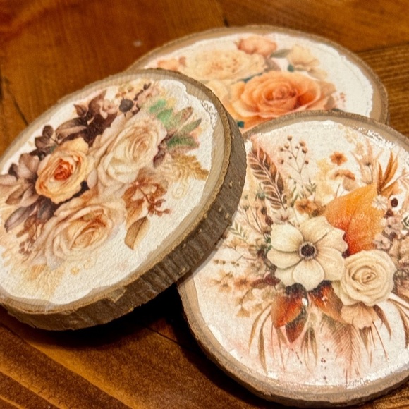 Handmade Floral Wood Coasters | Vintage Boho Cottagecore Aesthetic | Set of 4 - Picture 6 of 8